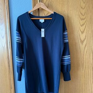 sundays Navy V-Neck Tunic with Striped Sleeve Detail